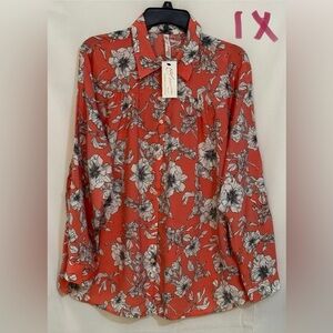 NY Collection Red Floral Button-Down Shirt